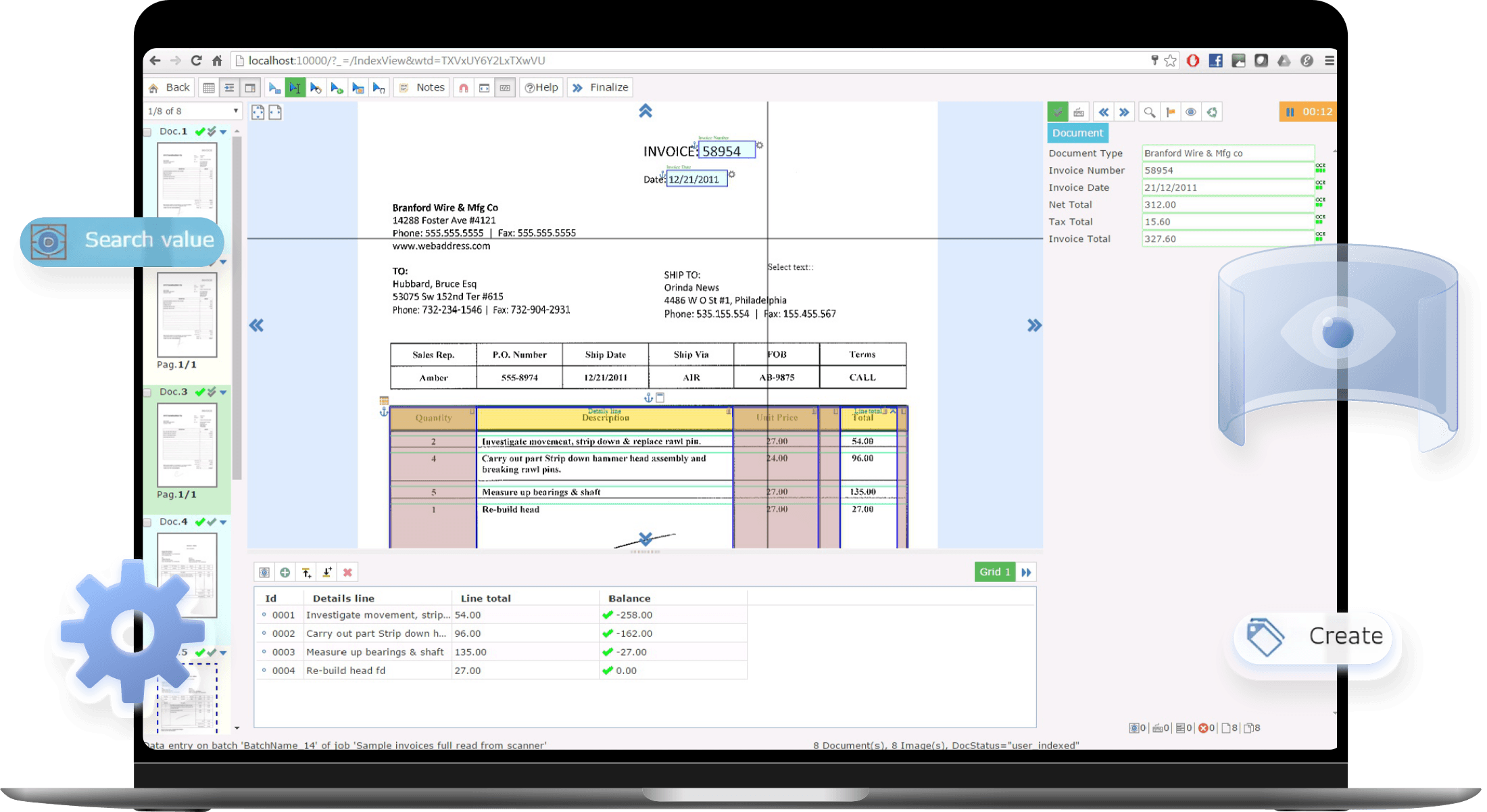 Interfaz real de Chronoscan Capture en una laptop: extracción OCR de una factura con validación de campos y datos estructurados