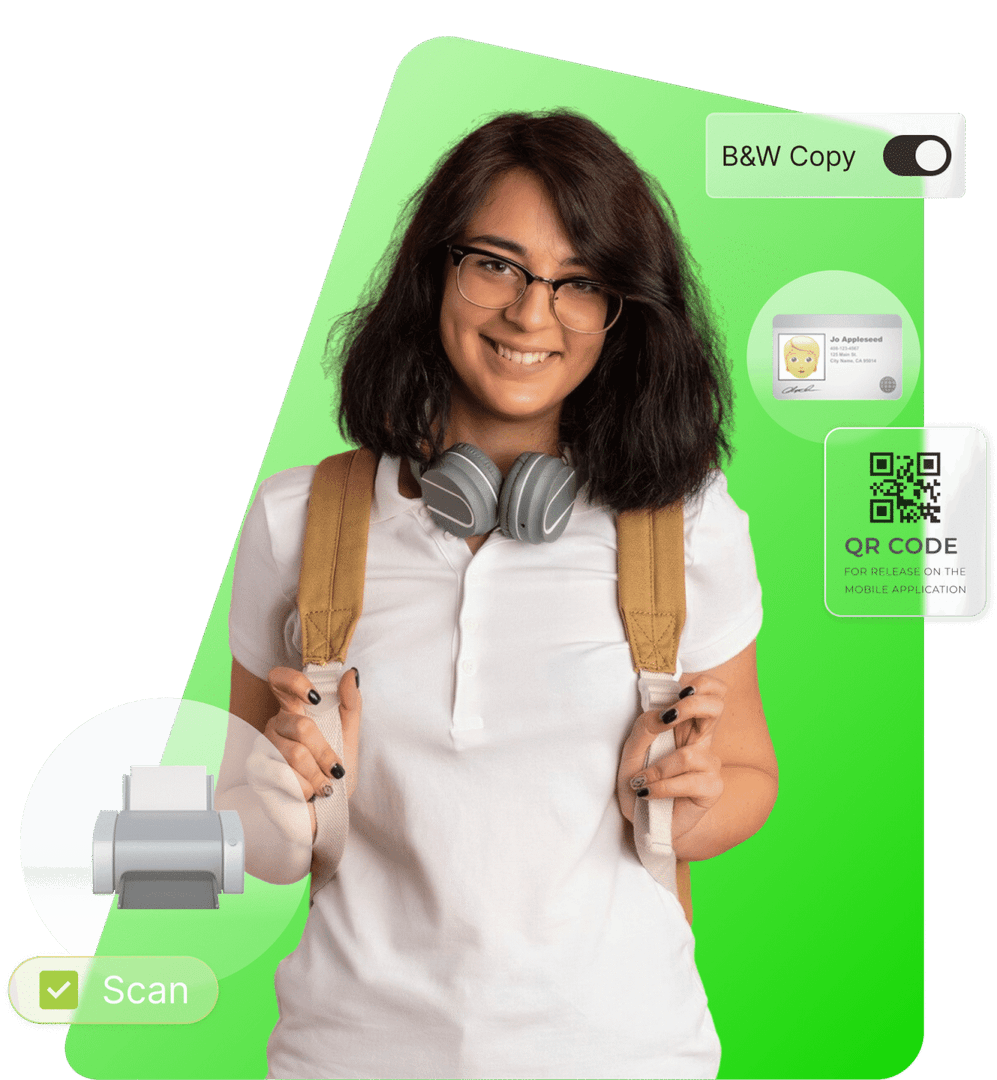 Estudiante con acceso a impresión académica segura: liberación por QR, copia B/N y credencial
