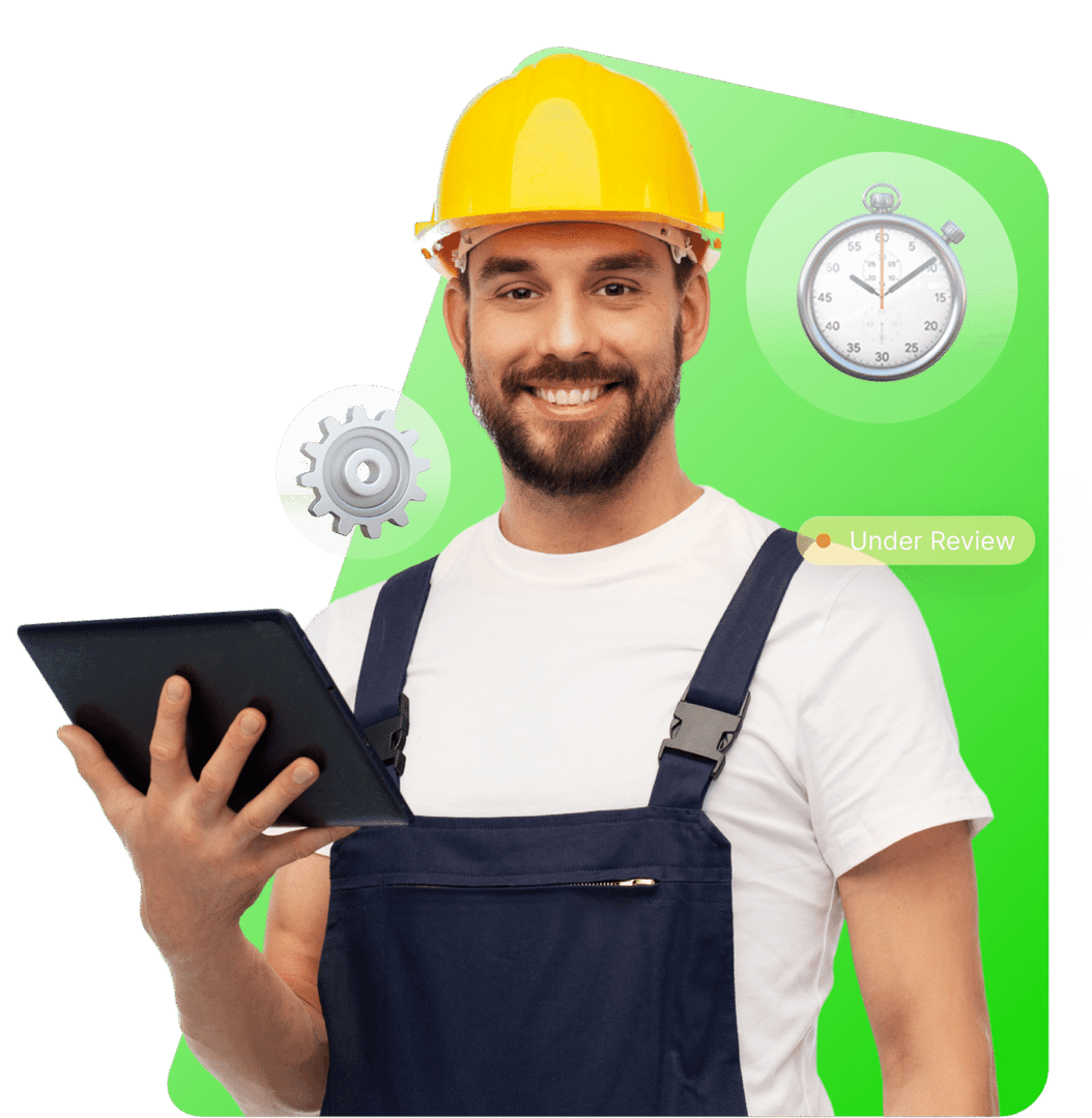 Operario en planta con documentación digital, control de procesos y tiempos
