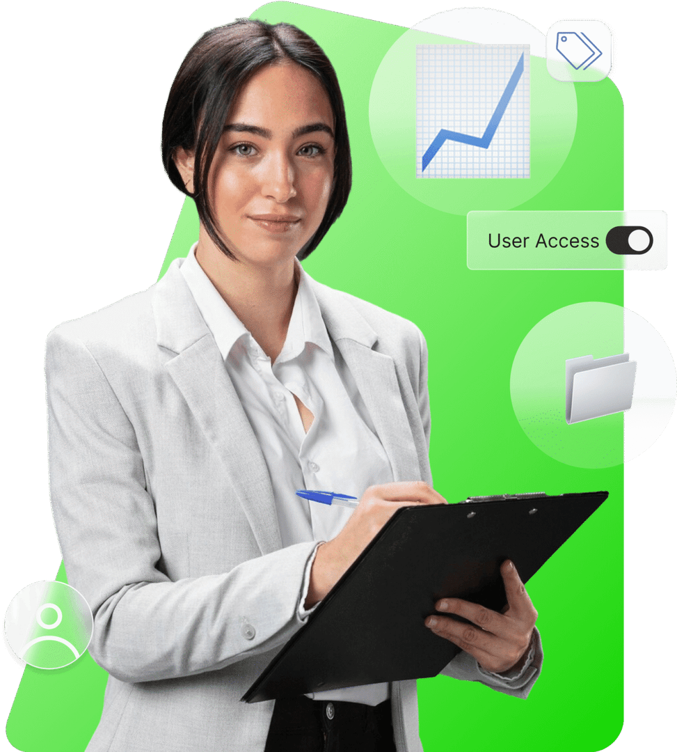 Fedataria revisando documentos con control de acceso y trazabilidad